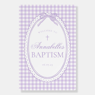 Purple Gingham Coquette Bow Baptism Welcome Sign