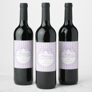 Purple Gingham Coquette Bow Baptism Wine Label
