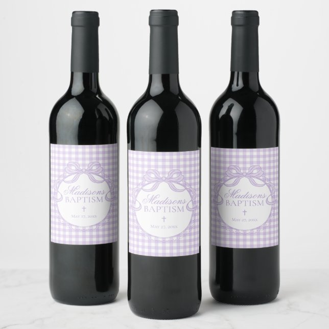 Purple Gingham Coquette Bow Baptism Wine Label (Bottles)