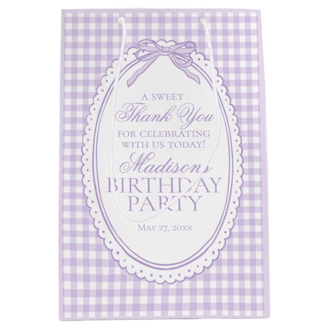 Purple Gingham Coquette Bow Birthday Party Favors Medium Gift Bag (Front)