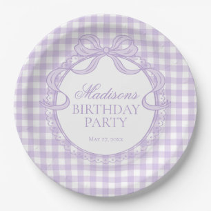 Purple Gingham Coquette Bow Birthday Party Paper Plates