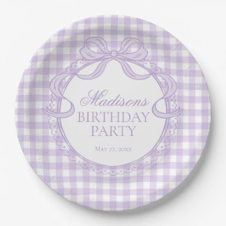 Purple Gingham Coquette Bow Birthday Party Paper Plates