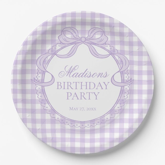 Purple Gingham Coquette Bow Birthday Party Paper Plates (Front)