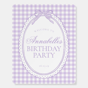 Purple Gingham Coquette Bow Birthday Welcome Sign