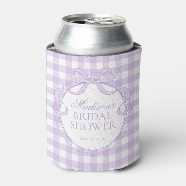 Purple Gingham Coquette Bow Bridal Shower Favor Can Cooler (Can Front)
