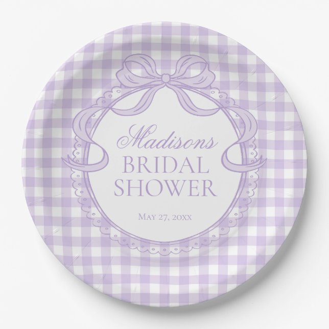 Purple Gingham Coquette Bow Bridal Shower Paper Plates (Front)