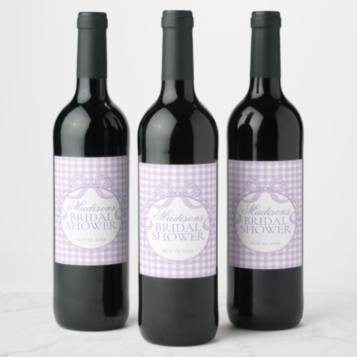 Purple Gingham Coquette Bow Bridal Shower Wine Label