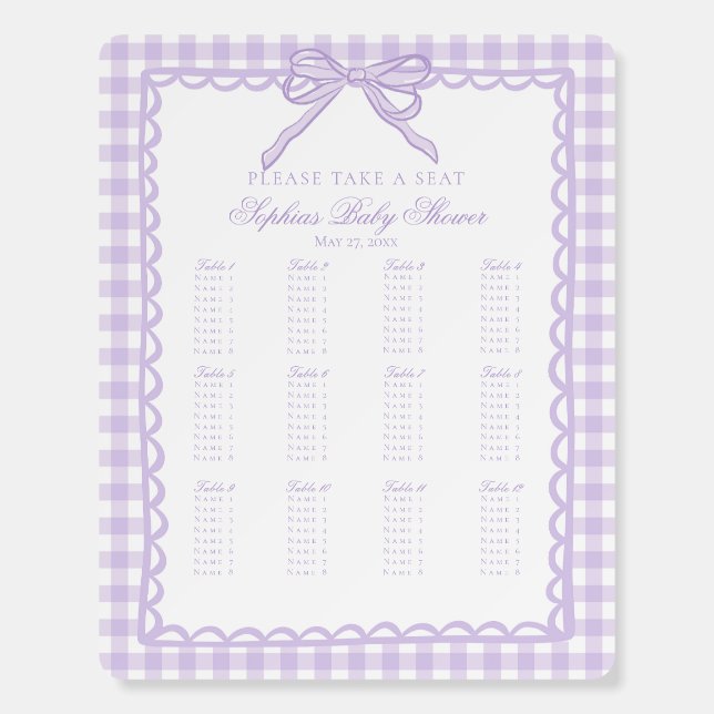 Purple Gingham Coquette Bow Seating Chart Foam Board (Front)