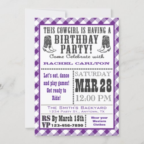 Purple Gingham Cowgirl Birthday Invitation