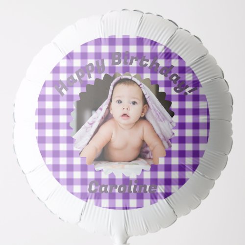 Purple Gingham Custom Photo Happy Birthday Balloon