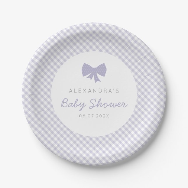 Purple gingham girl bow baby shower paper plates (Front)