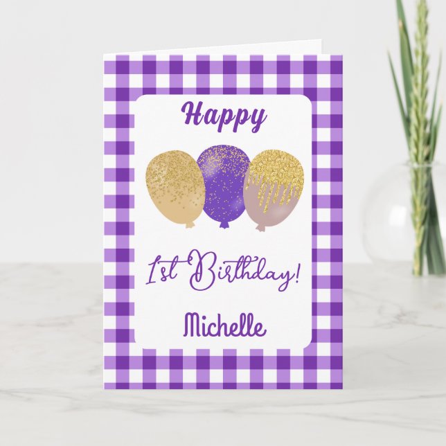 Purple Gingham & Glitter Balloons 1st Birthday Card (Front)
