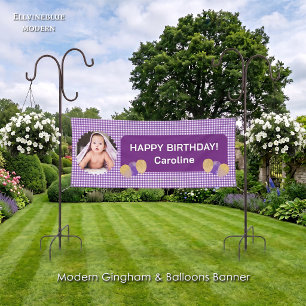 Purple Gingham Glitter Balloons Photo Birthday Banner