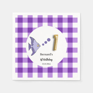 Purple Gingham Gold Foil Balloon Fish 1st Birthday Napkins