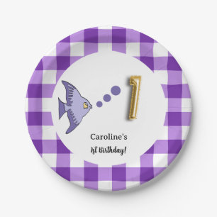 Purple Gingham Gold Foil Balloon Fish 1st Birthday Paper Plates