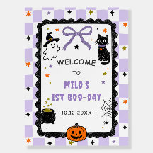 Purple Gingham Halloween Birthday Welcome Sign