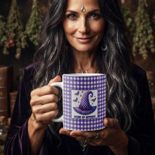 Purple Gingham Halloween Witch Hat & Bats Coffee Mug