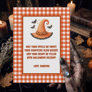 Purple Gingham Halloween Witch Hat & Bats Holiday Postcard