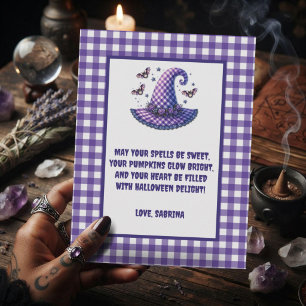 Purple Gingham Halloween Witch Hat & Bats Holiday Postcard