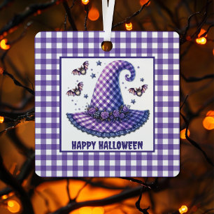 Purple Gingham Halloween Witch Hat & Bats Metal Ornament