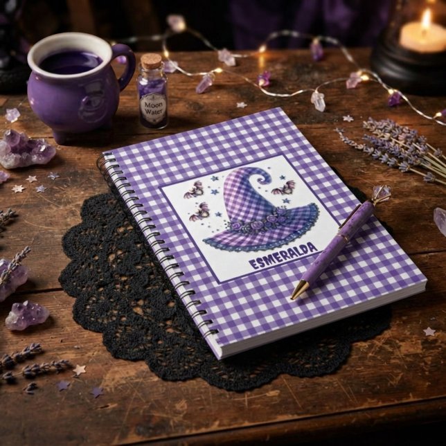 Purple Gingham Halloween Witch Hat & Bats Notebook (Creator Uploaded)