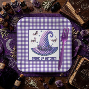 Purple Gingham Halloween Witch Hat & Bats Paper Plates