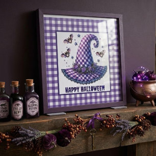 Purple Gingham Halloween Witch Hat & Bats Poster