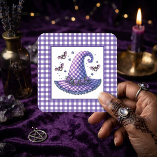 Purple Gingham Halloween Witch Hat & Bats Square Sticker