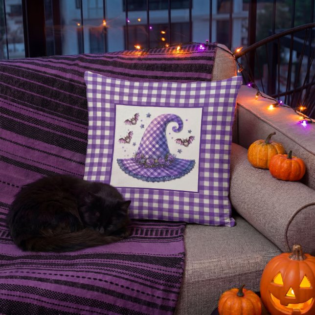 Purple Gingham Halloween Witch Hat & Bats Throw Pillow (Creator Uploaded)