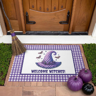 Purple Gingham Halloween Witch Hat Welcome Doormat