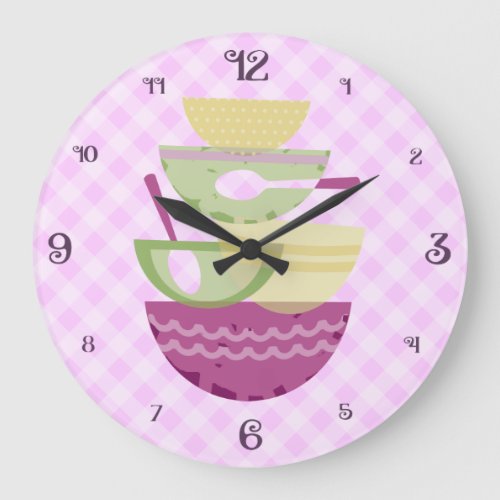 Purple gingham mixing bowls bakery kitchen clock