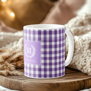Purple Gingham Monogram Crest Custom Coffee Mug