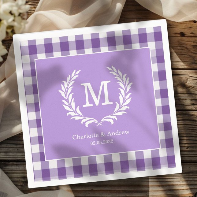 Purple Gingham Monogram Crest Custom Napkins (Purple Gingham Monogram Crest Custom Napkins with your Monogram, names and Date.)
