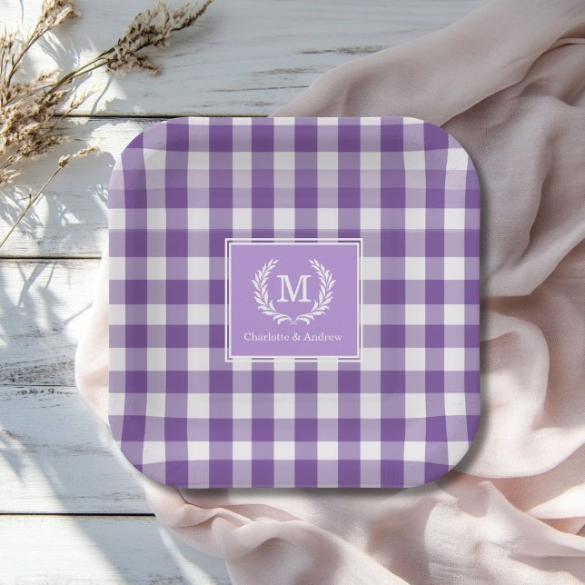 Purple Gingham Monogram Crest Custom Paper Plates (Purple Gingham Monogram Crest Custom Paper Plates with your Monogram and Names.)