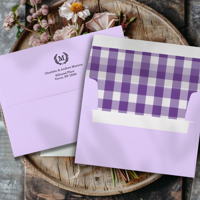 Purple Gingham Monogram Crest Envelope (Purple Gingham Monogram Crest Custom Envelope with your Initial, Names & Address - 6 Colors.)