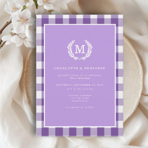 Purple Gingham Monogram Crest Invitation