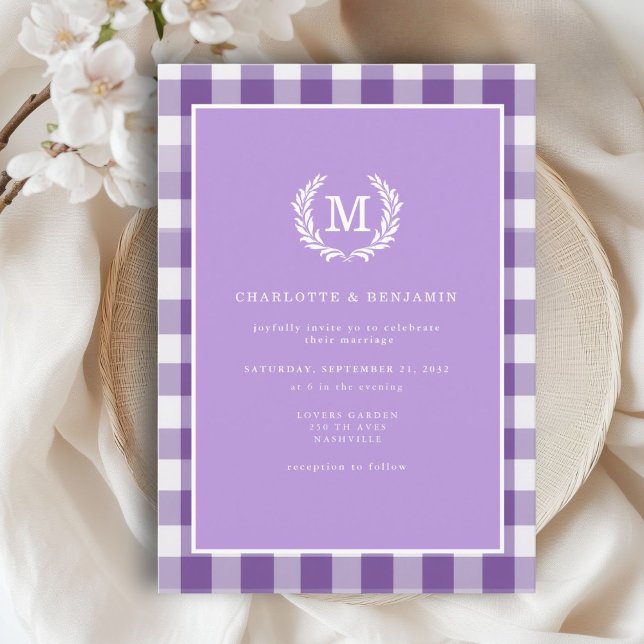 Purple Gingham Monogram Crest  Invitation (Purple Gingham Monogram Crest Invitation. Print & Instant Download.)