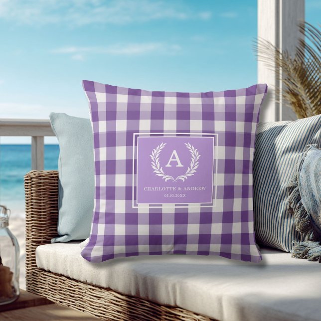 Purple Gingham Monogram Crest Throw Pillow (Purple Gingham Monogram Crest Throw Pillow)