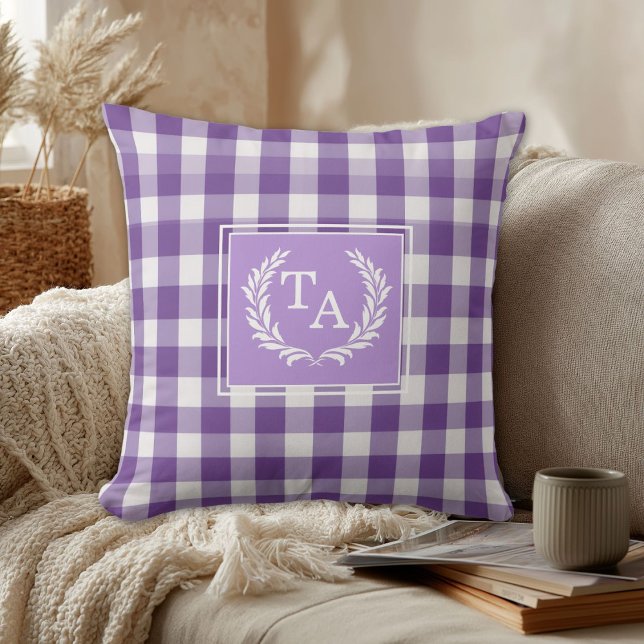 Purple Gingham Monogram Crest Throw Pillow (Purple Gingham Monogram Crest Throw Pillow)