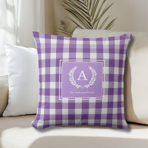 Purple Gingham Monogram Crest Throw Pillow