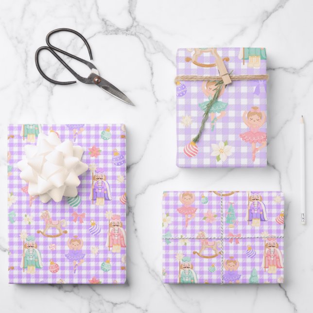 Purple Gingham Nutcracker Birthday Wrapping Paper Sheets (Front)