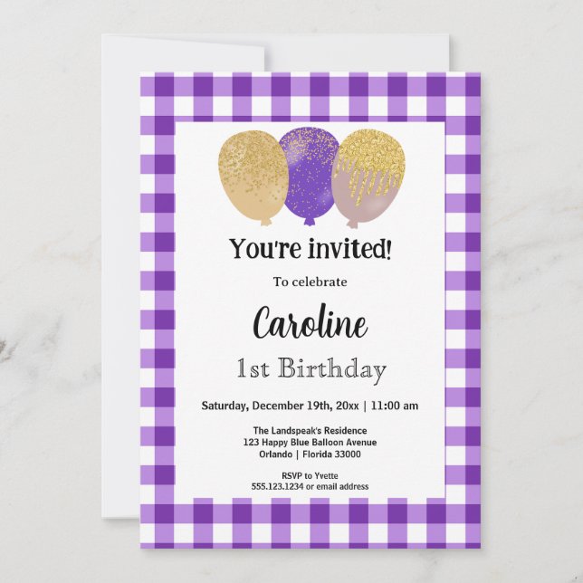 Purple Gingham, Party Balloons 1st Birthday Invitation (Front)