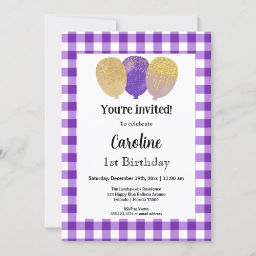 Purple Gingham Party Balloons 1st Birthday Invitation