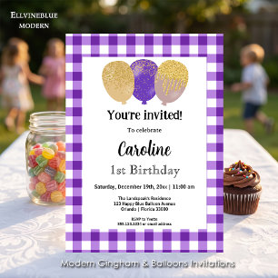 Purple Gingham, Party Balloons 1st Birthday Invitation