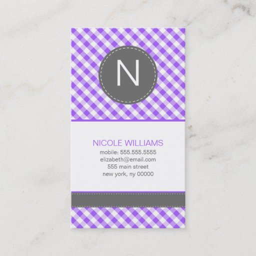 Customizable Purple Gingham Pattern Monogram Calling Cards Business Card Template