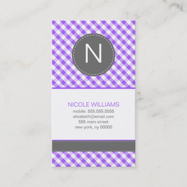 Purple Gingham Pattern Monogram Calling Cards (Front)