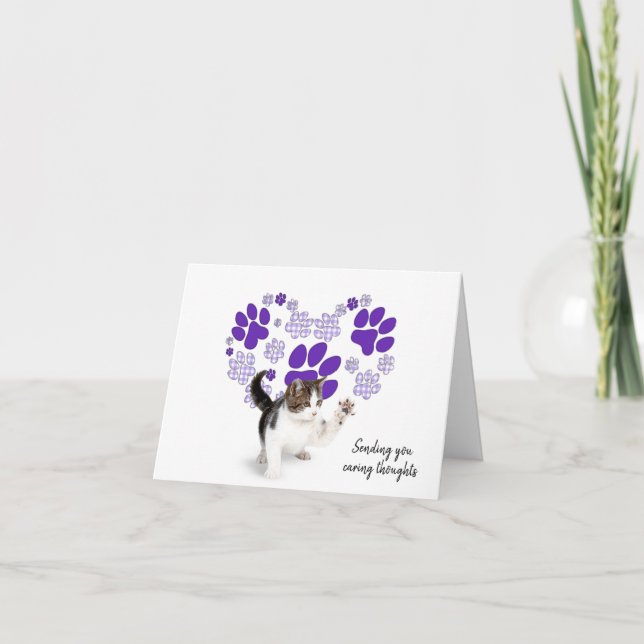 Purple Gingham Pawprint Heart for Loss of Cat Card (Front)