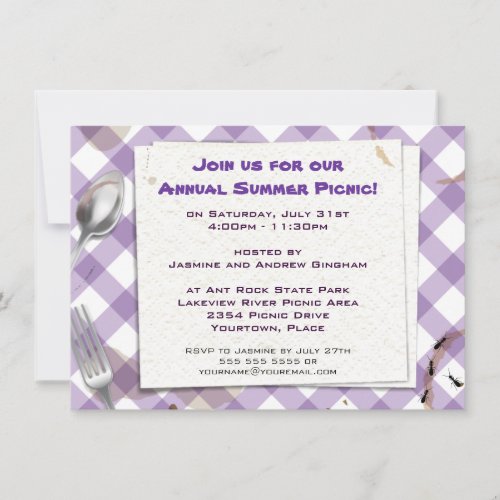 Purple Gingham Picnic BBQ Party Invitation