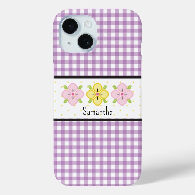 Purple Gingham Plaid Floral Monogram Case-Mate iPhone Case (Back)