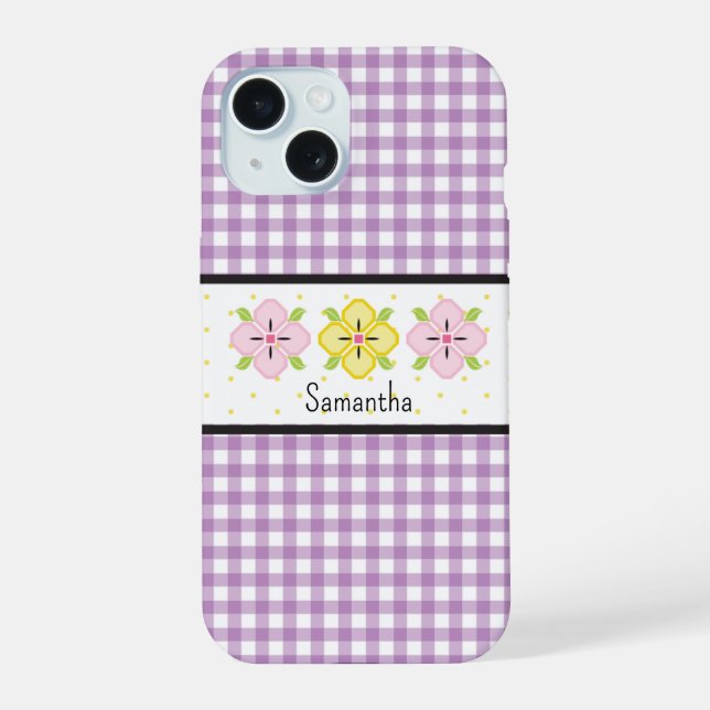Purple Gingham Plaid Floral Monogram Iphone Case (Back)